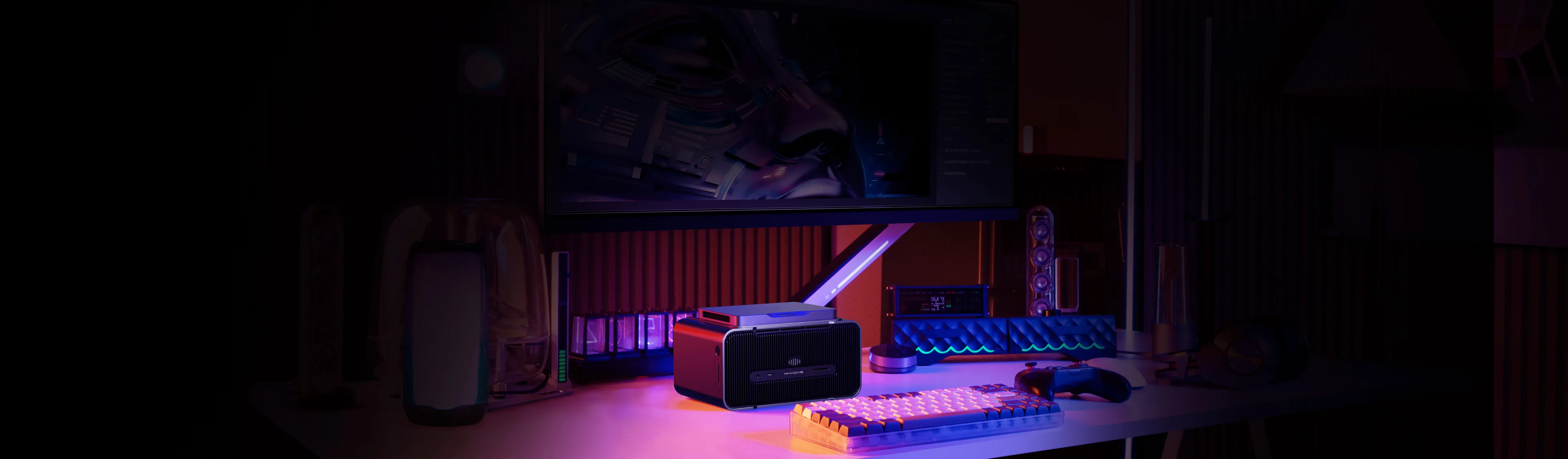 RGB 조명이 켜진 책상 위 Mind Graphics