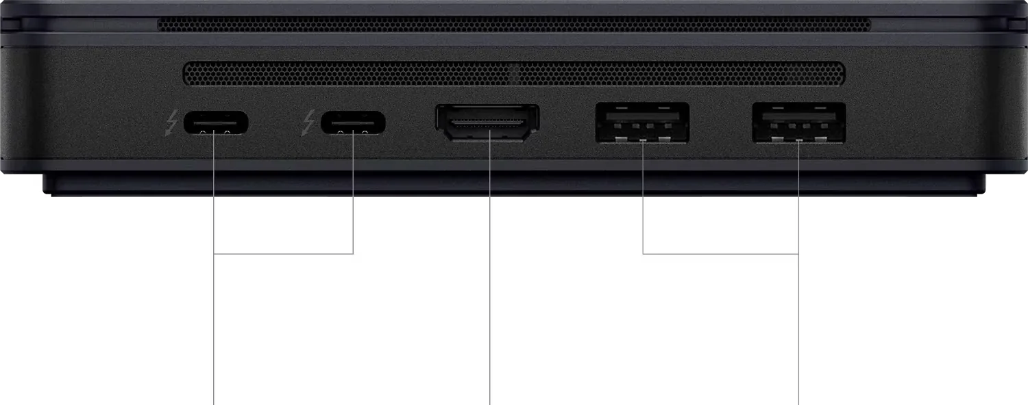 Mind Pro 뒷면 포트 — Thunderbolt 4 두 개, HDMI 2.1, USB-A 두 개